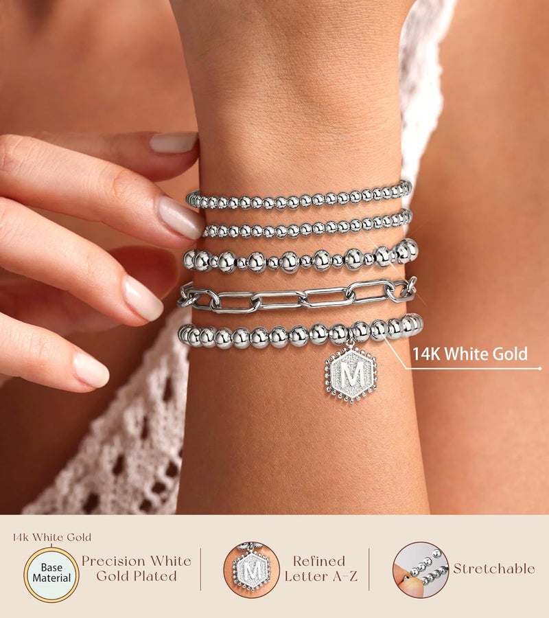 adoyi Gold Bracelets for Women Beaded Bracelet 14K Gold Plated Bracelet Stack Strand Stretch Bead Ball Bracelet Set Stackable Bracelet Adjustable Bracelet Set Jewelry for Gifts - Image 5